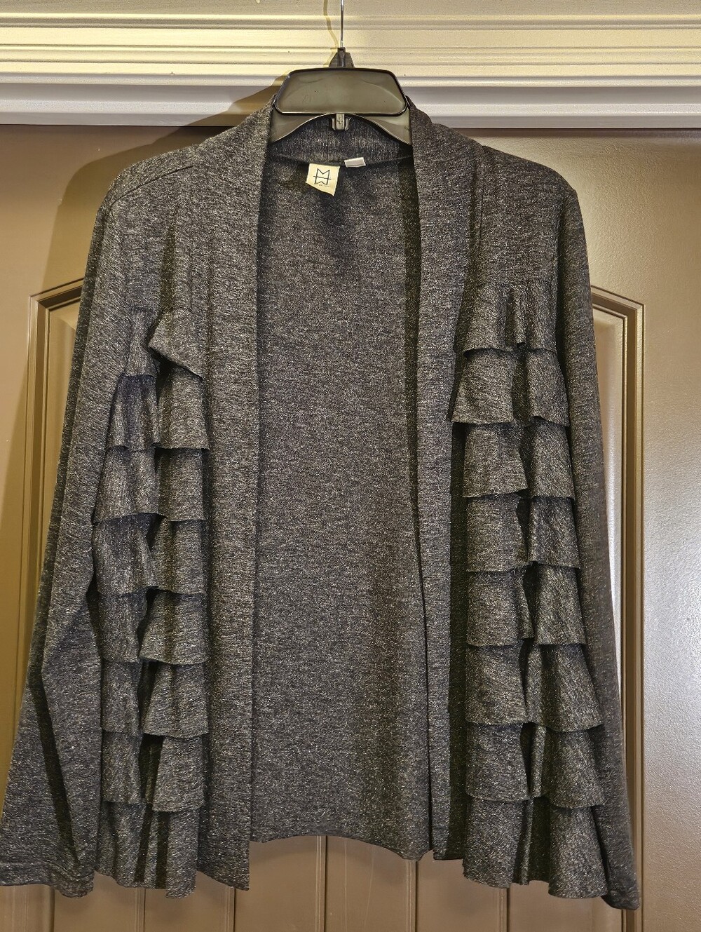 Marc Bouwer Ruffled Open-Front Cardigan, Charcoal Gray - Size Large